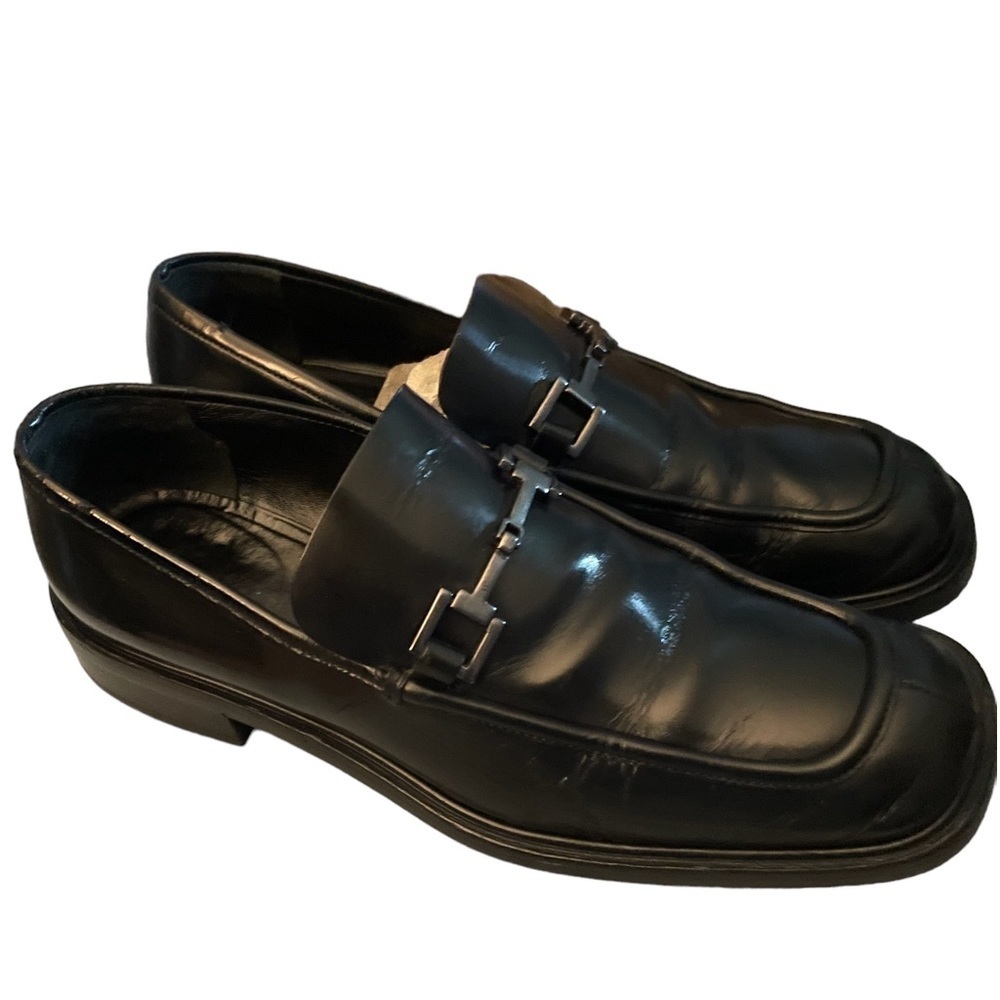 Gucci Women’s 9.5M Black Loafers Horsebit Logo Block Heel - AUTHENTIC